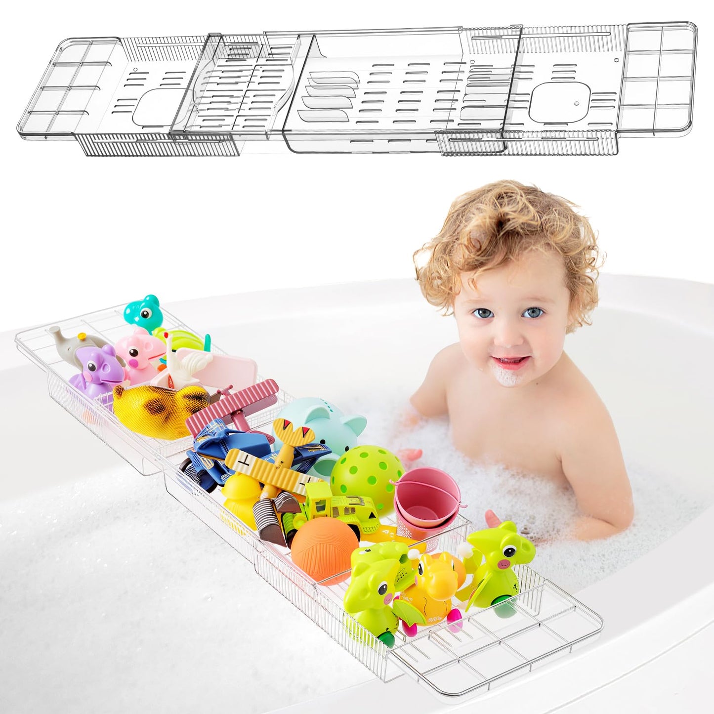 Honeydak Expandable Bath Toys Organizer Bath Toy Storage Basket Clear Acrylic Bathtub Tray with 3 Compartment Horizontal Large Openings Bath Toy Caddy Shelf Holder for Bathtub Toy Storage