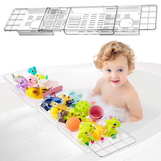 Honeydak Expandable Bath Toys Organizer Bath Toy Storage Basket Clear Acrylic Bathtub Tray with 3 Compartment Horizontal Large Openings Bath Toy Caddy Shelf Holder for Bathtub Toy Storage