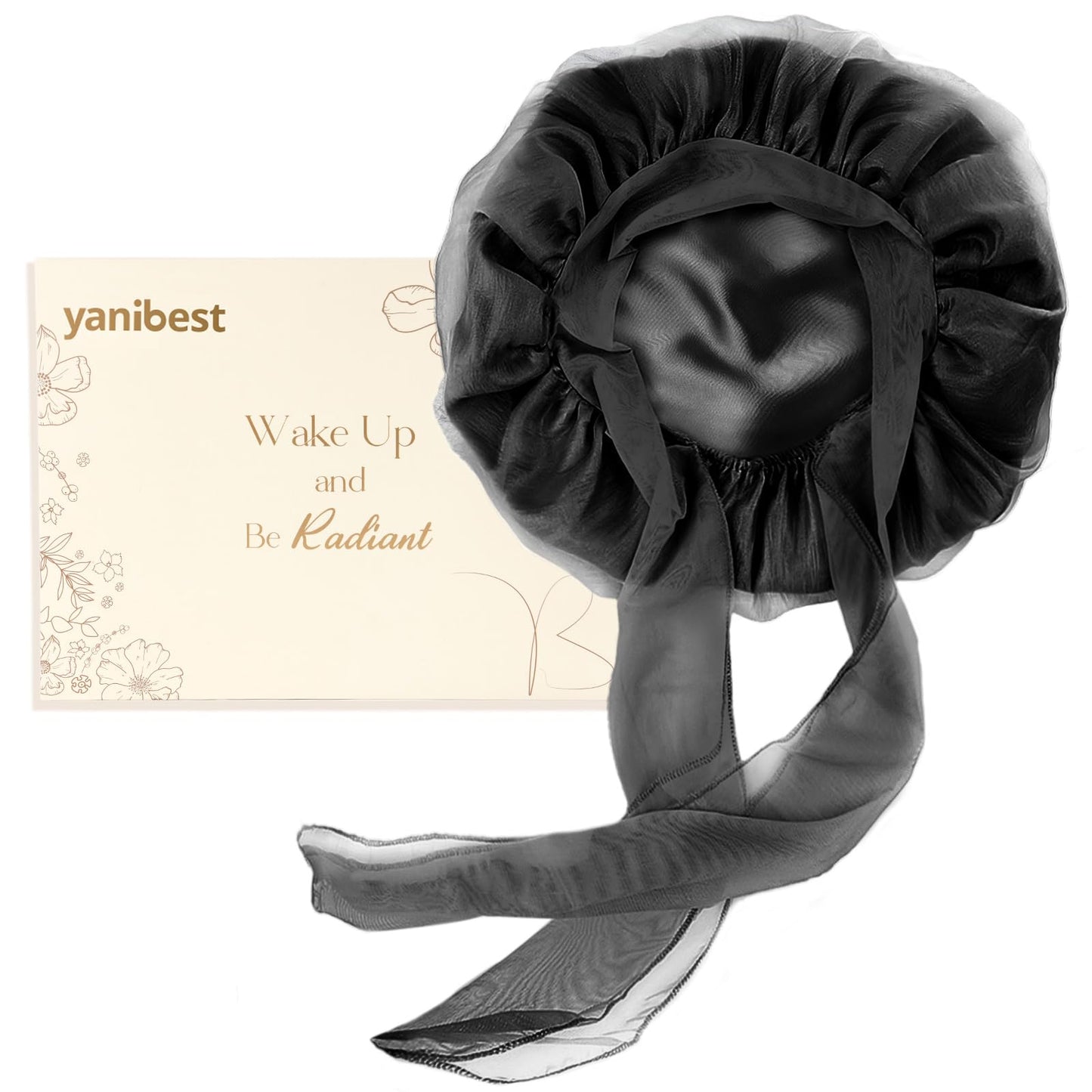 YANIBEST Breathable Silk Bonnet for Sleeping Women, Breeze Satin Bonnet with Tie Band Hair Bonnet Curly Hair, Head Wrap Cap, Black