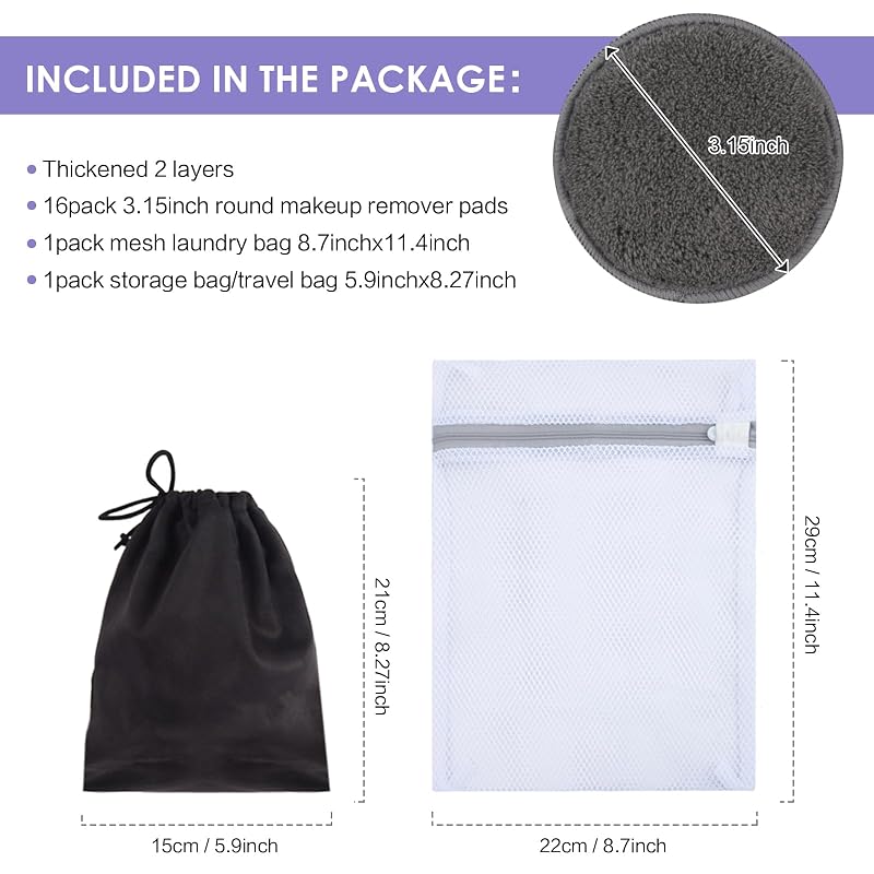 Sunland Reusable Makeup Remover Pads 3.15 Inch Round, 32 Pack with Travel & Laundry Bags - Grey