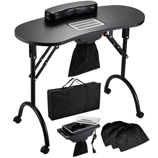 Faquenc Nail Table with Nail Dust Collector, Portable Nail Desk Rolling Manicure Table for Nail Tech Travel Nail Station Professional Foldable Nail Salon Table with Cacuum,Arm Rest,Lockable Wheels,Bag