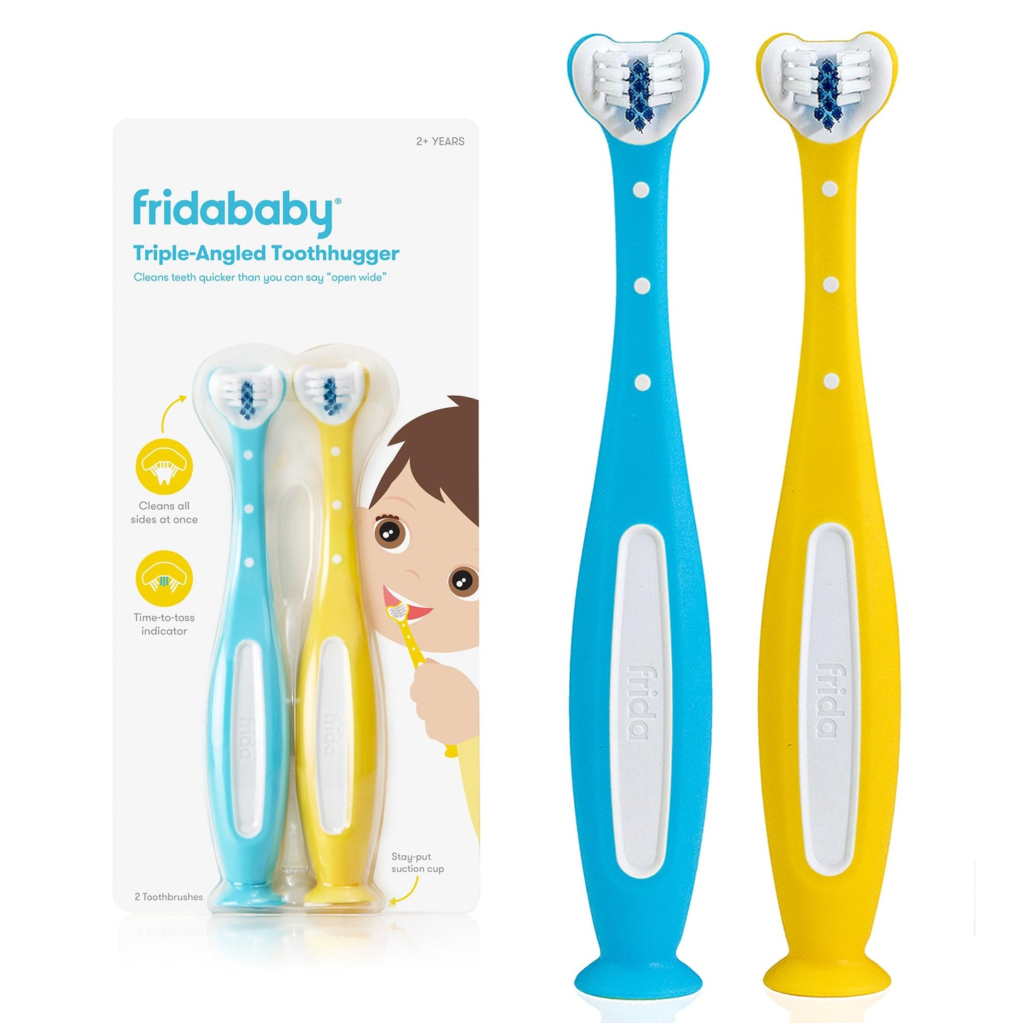 Frida Baby Triple-Angle Toothhugger Training Toddler Toothbrush | Toddler Toothbrush 2 Years and Up, Cleans All Sides at Once | 2 Pack (Yellow + Blue)