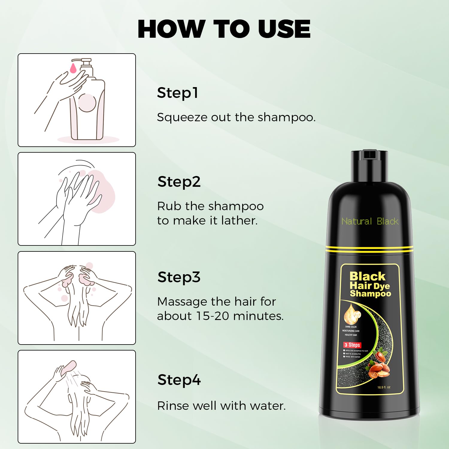 Black Hair Dye Shampoo 3 in 1，Argan Herbal Hair Color Shampoo Covers Gray Hair for Women and Men (16.9 fl.oz Black)
