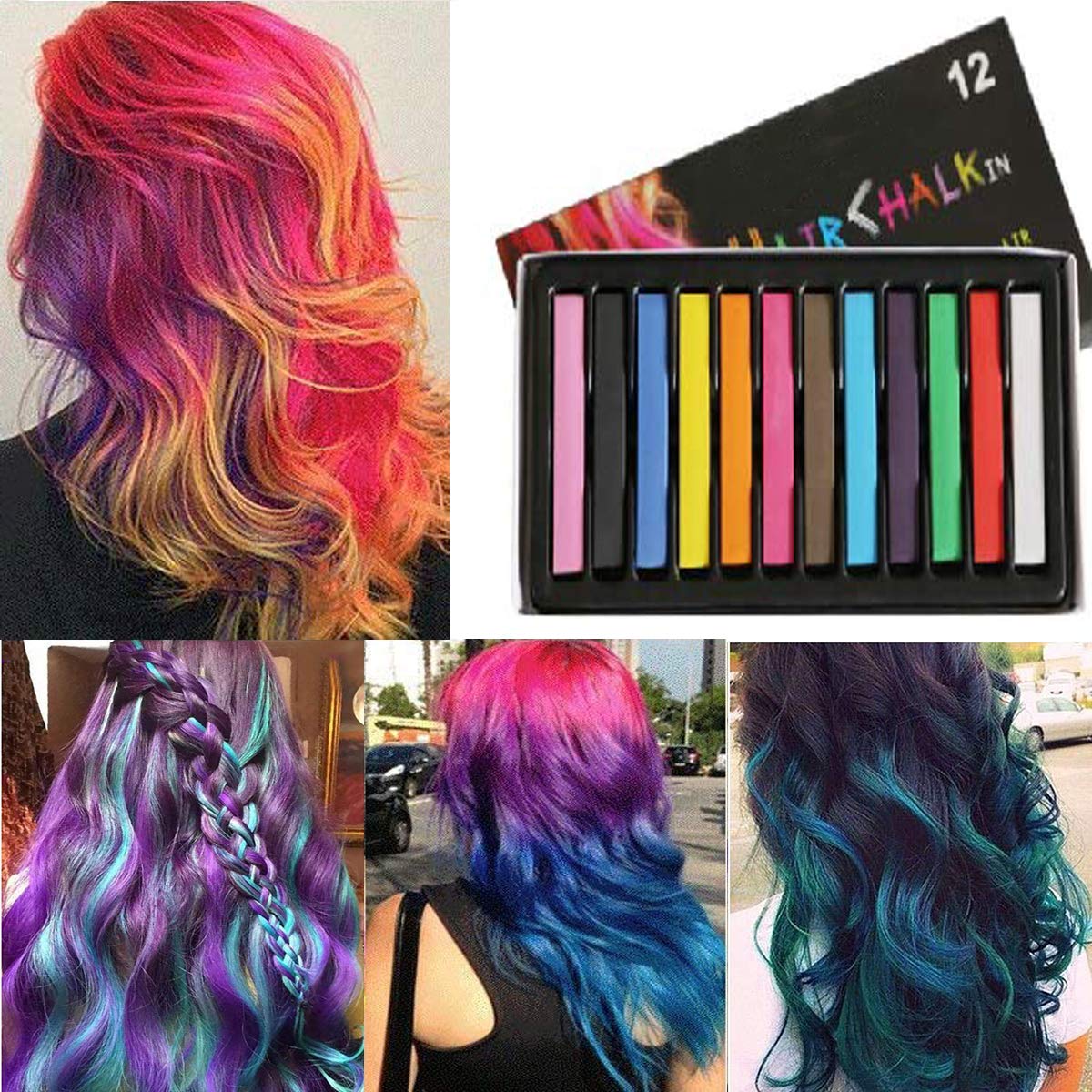 Hair Chalk Stick Set, Halloween Christmas Birthday Cosplay and DIY, Non-toxic Temporary Washable Hair Color Chalk Girls Boys Teen Kids Gift, 12 Colors