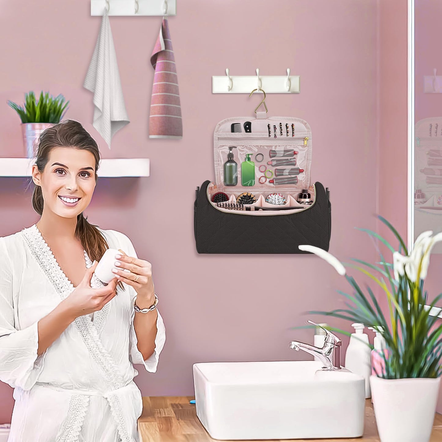 ALSLEA Portable Travel Case for Airwrap & Shark FlexStyle Large Capacity Organizer Bag for Hair Dryer, Airwrap Styler & Attachments, Waterproof Padded Storage Bag with Hanging Hook (Black)