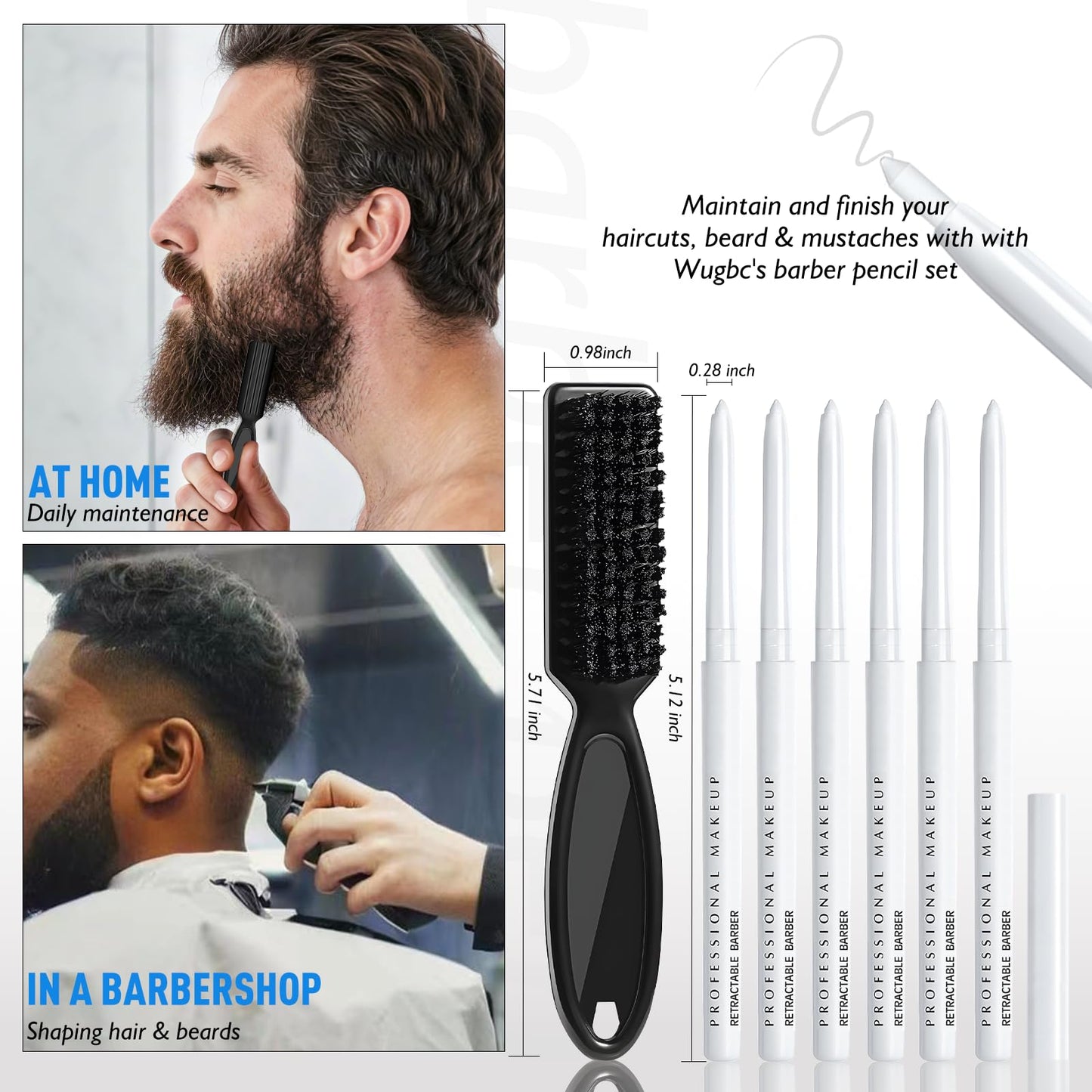 Wugbc 6 Pcs White Barber Pencil Hairline Chalk Beard Lineup Tool Magic Design with Brush Shaping Guide Hairline Edge Trace Styling Makeup Barber Accessories Set for Men