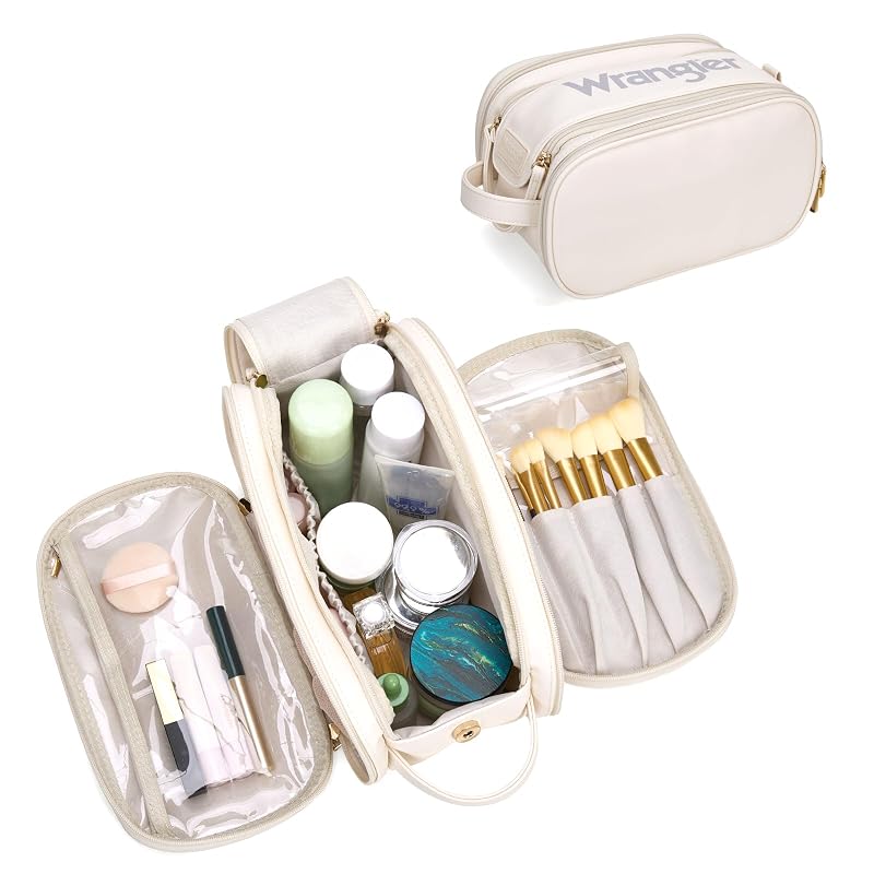 Wrangler Large Makeup Bag - Beige Travel Toiletry Organizer, 11x6.5x6