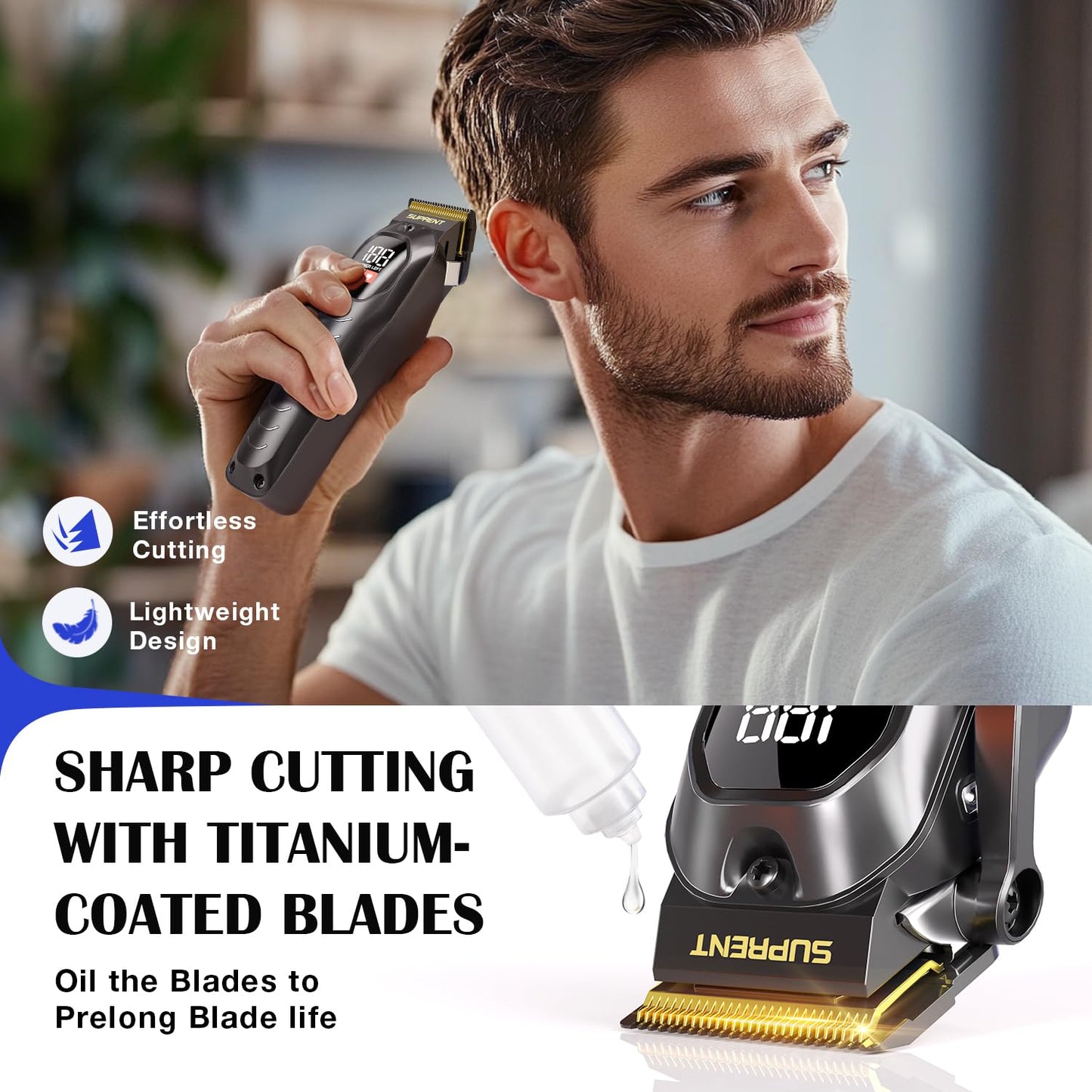 SUPRENT Hair Clippers Set for Men, Rechargeble USB-C Hair Trimmer for Professionals & Homecuts, LED Display (Black)