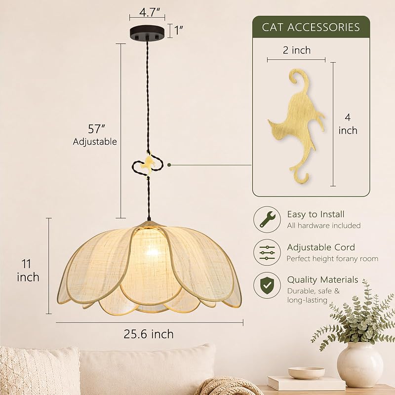 25.6" Boho Rattan Chandelier with Brass Cat Hook – Hand-Woven Pendant Light