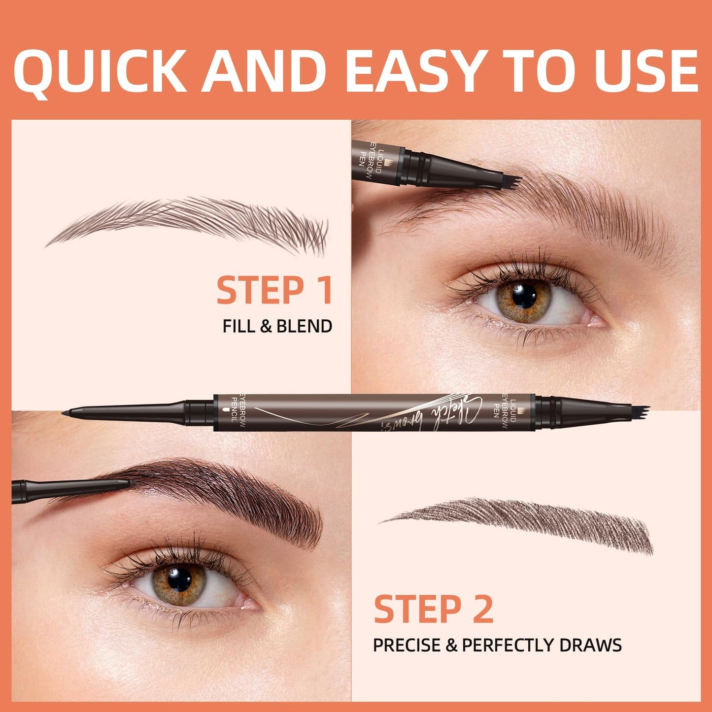 Eyebrow Pencil - Eyebrow Pen 2-IN-1 Eye Brow Pencils for Women, Microblading Brow Pen with 4-Fork-Tip & Precision Tip, 1 Eyebrow Brush, Create Natural Hair-Like Brows, Last All-Day, Brown
