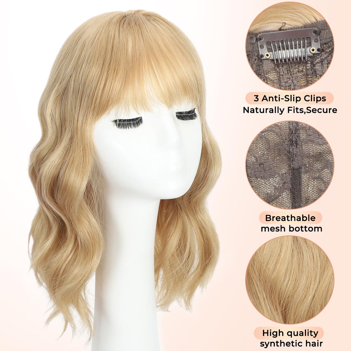 TYQ Hair Toppers for Women with Thinning Hair 14 Inch, 360° 3D Synthetic Curly Wavy Wispy Clip in Bangs（Dark Root to Blonde）