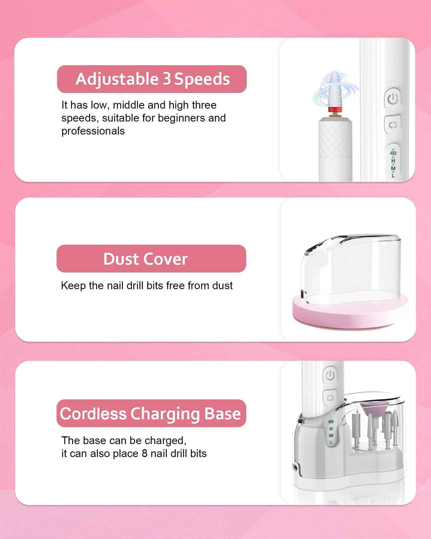 DEEHENK Nail Drill,Cordless Electric Files for Gel Nails E-File Manicure Kit Women Rechargeable Drill para Uñas Profesional Machine Grinder Acrylic White (M918)
