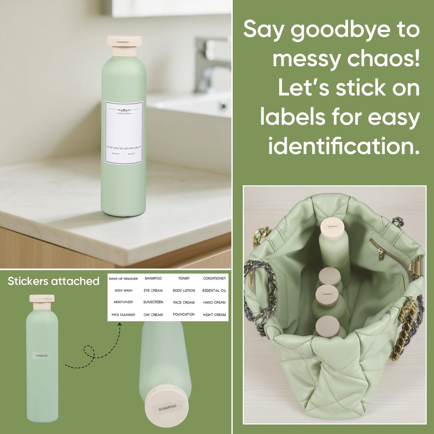 DEMORA 8.8oz Large Travel Bottles for Toiletries, Leak Proof Plastic Travel Squeeze Bottles Refillable Toiletry Containers with Flip Caps and Labels for Shampoo Conditioner Body Wash (Green, 4 Pcs)