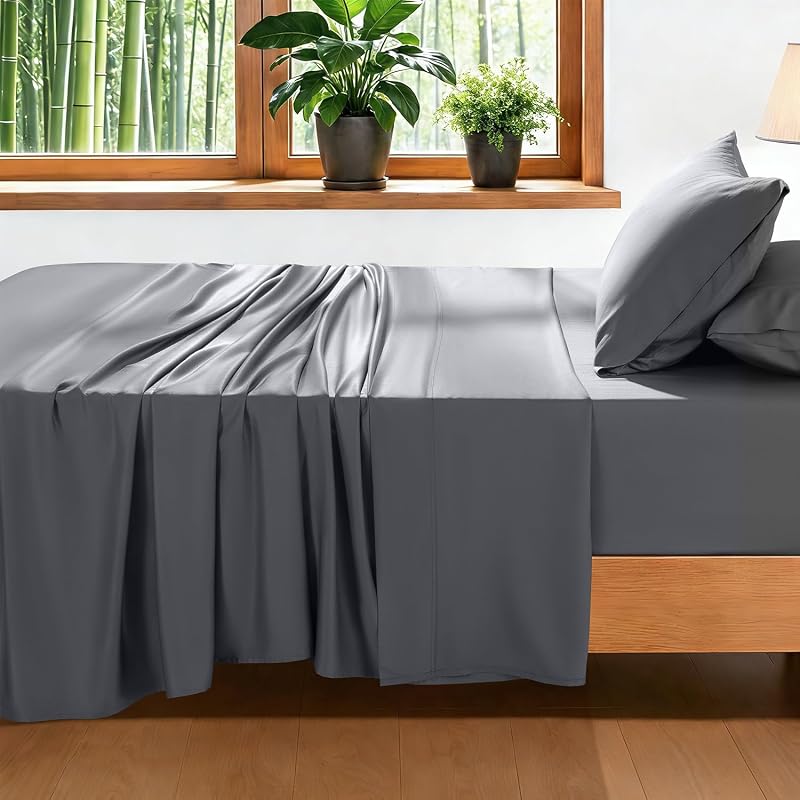 Dark Grey King 4Pcs 100% Viscose Bamboo Sheet Set Extra Deep Pocket
