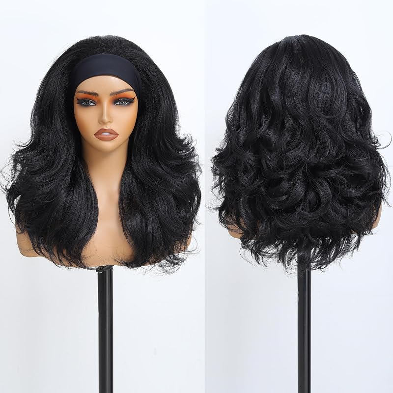 Glueless 16 Inch Wavy Wig with Headband – X-TRESS Natural Black Detroit Layers OS Variation