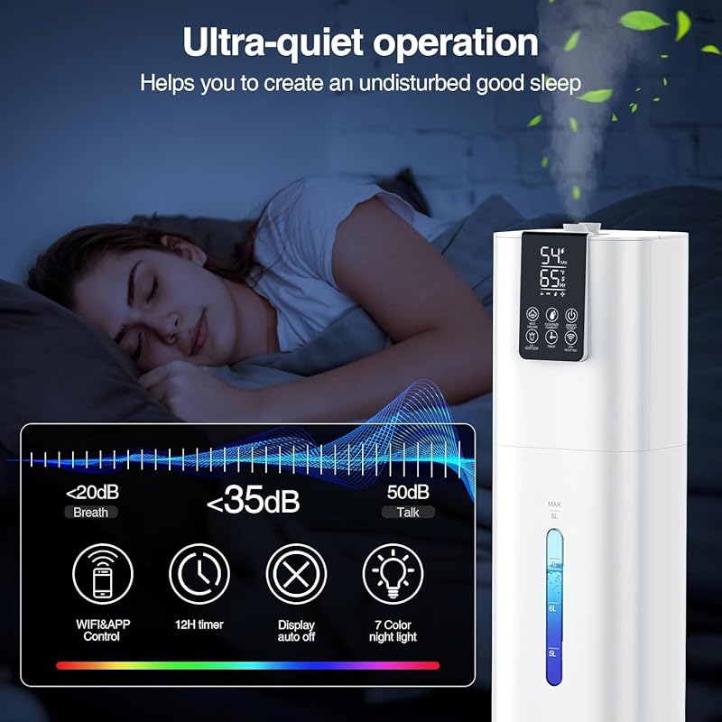 White 8L Top-Fill Smart Humidifier with App & Remote, 550 Sq Ft Night Light 40H 3 Mist Levels