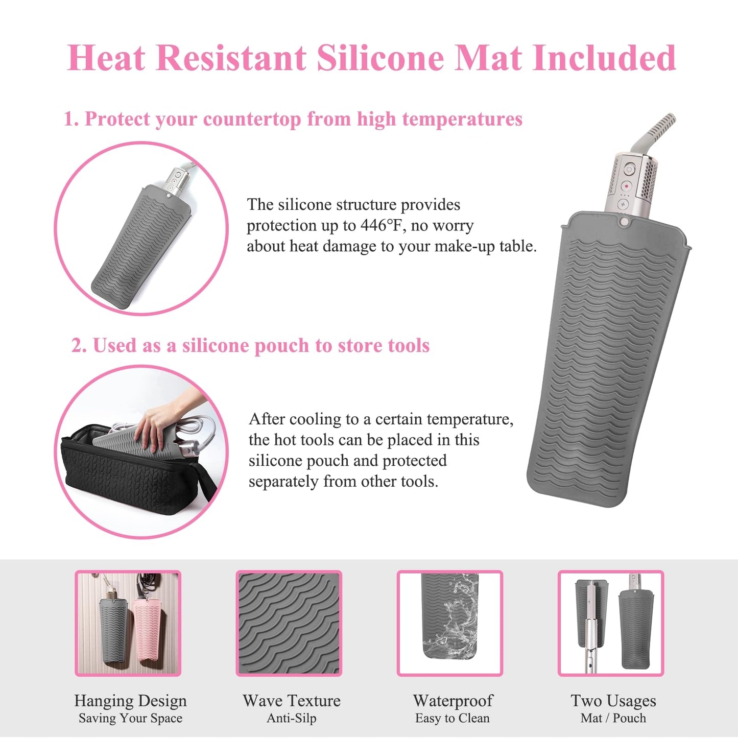 Hair Tools Travel Bag Case, Hair Accessories Organizer with Heat Resistant Mat, Flat Iron Curling Iron Travel Case for Shark Flex Style, Silicone Heat Mat for Hair Tools, Hot Tools Travel Bag (Black)