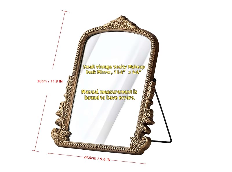 Small Gold Vintage Vanity Mirror with Wooden Frame - 11.8x9.6 Inch Tabletop Makeup Mirror