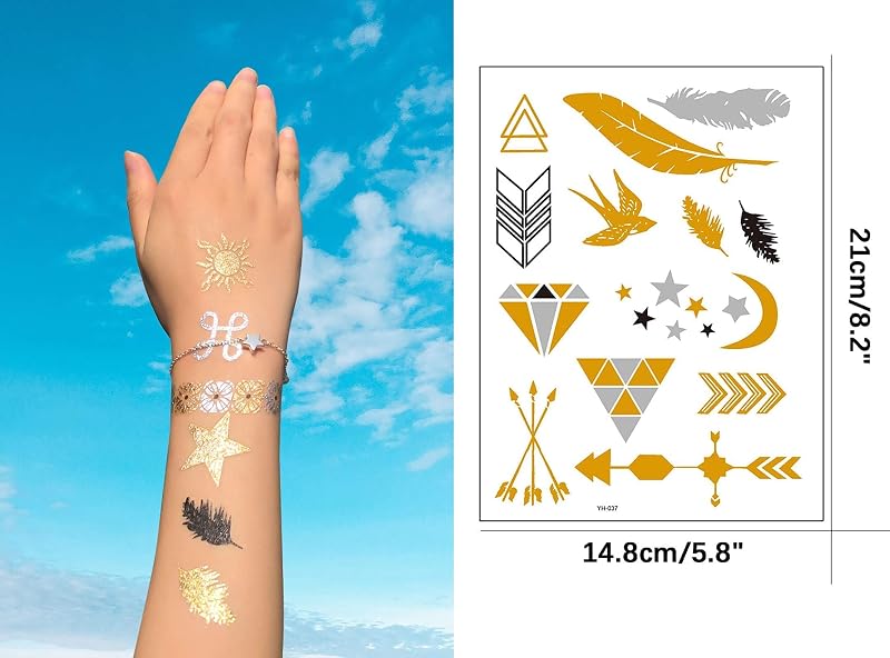 Gold & Silver Temporary Tattoos 32 Sheets – Waterproof Metallic Body Art Set