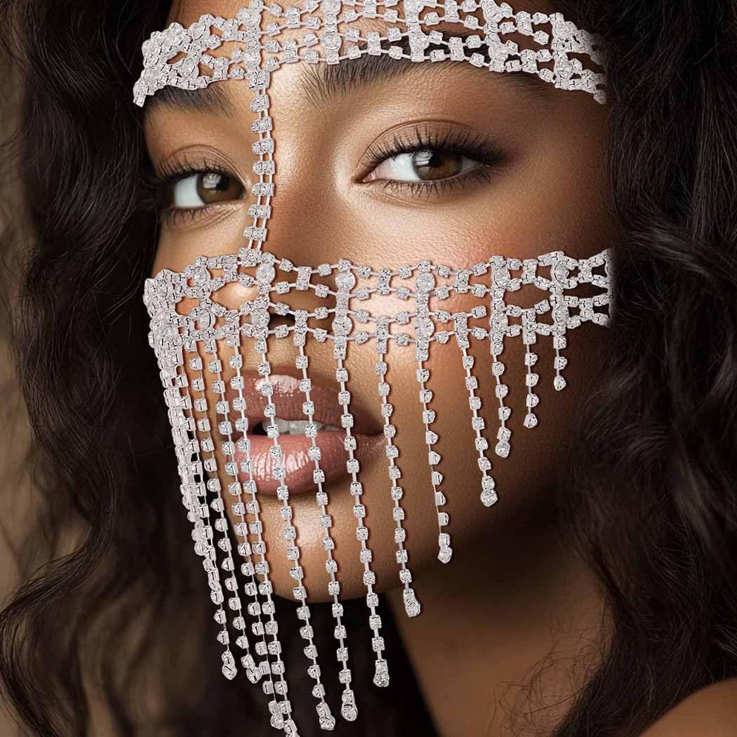 Fdesigner 1920s Rhinestone Masquerade Mask Costume Headpieces Flapper Face Cover Head Chain Jewelry for Women (Silver-Unique)