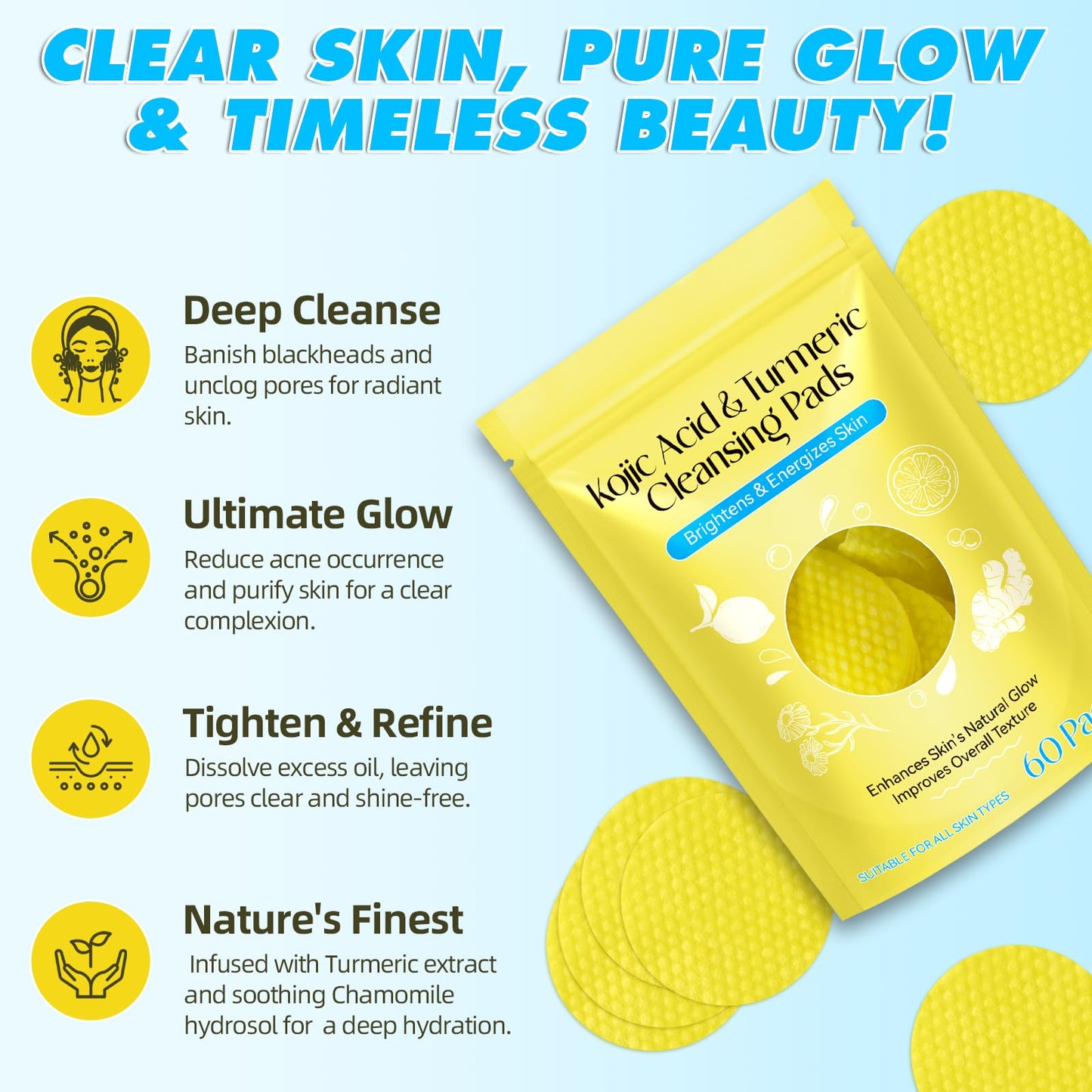 Kojic Acid Turmeric Cleansing Pads, Face Turmeric & Kojic Acid Pads for Dark Spots, Glow Up Acne Scars, Unclog Pores, Enriched Vitamin C,Gentle & Non-Irritating