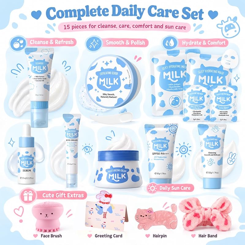 Milk Skincare Kit for Teens & Women - 15-Piece Travel Set with Mask & Moisturizer (0.07 Fl Oz Each) - Hydrating Gift for Tweens