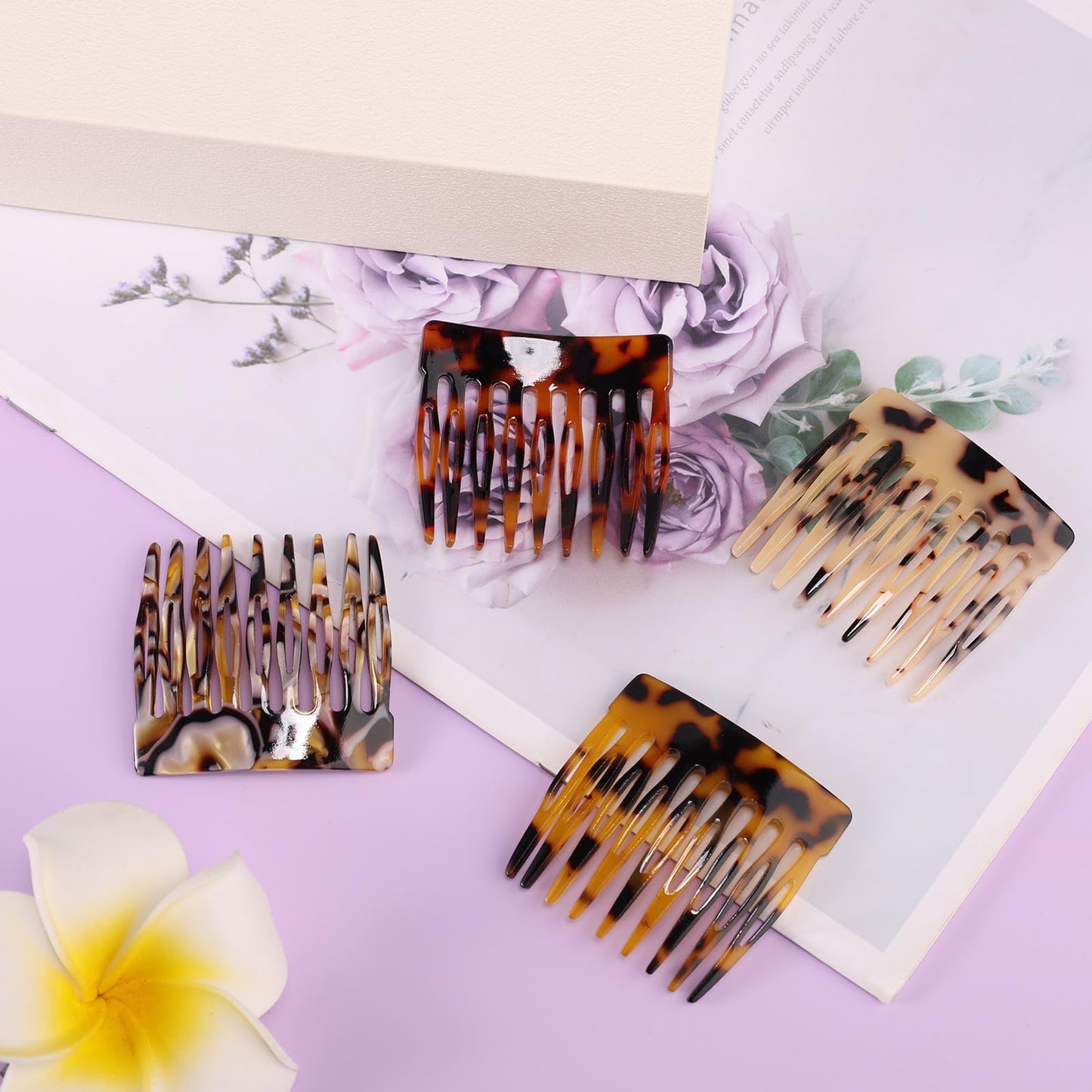 4pcs French Hair Side Comb, Leopard Small French Side Comb Decorative Twist Bun Hold Clips Hair Styling Accessories for Girls Women (4 Styles)