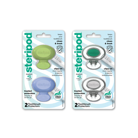 Steripod Clip-On Toothbrush Protector, Keeps Toothbrush Fresh and Clean, Fits Most Manual and Electric Toothbrushes, Blue, Green, Clear, 4 Count