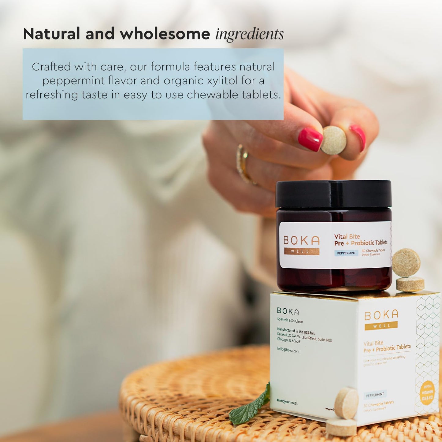 Boka Vital Bite Oral Pre + Probiotics - Sugar-Free Nut-Free Chewable Dental Probiotics for Teeth and Gums with BLIS K12, Vitamin D3 K2 for Men Women, Freshens Breath - Peppermint, 30 ct