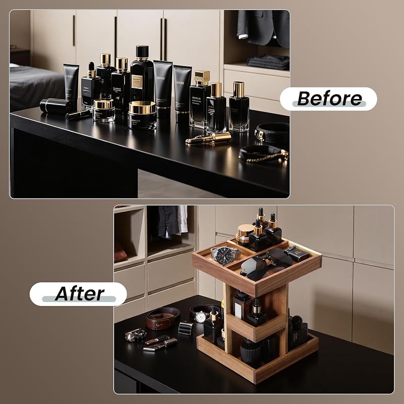 Acacia Wood Cologne Organizer Stand – Multi‑Layer Men’s Perfume Display