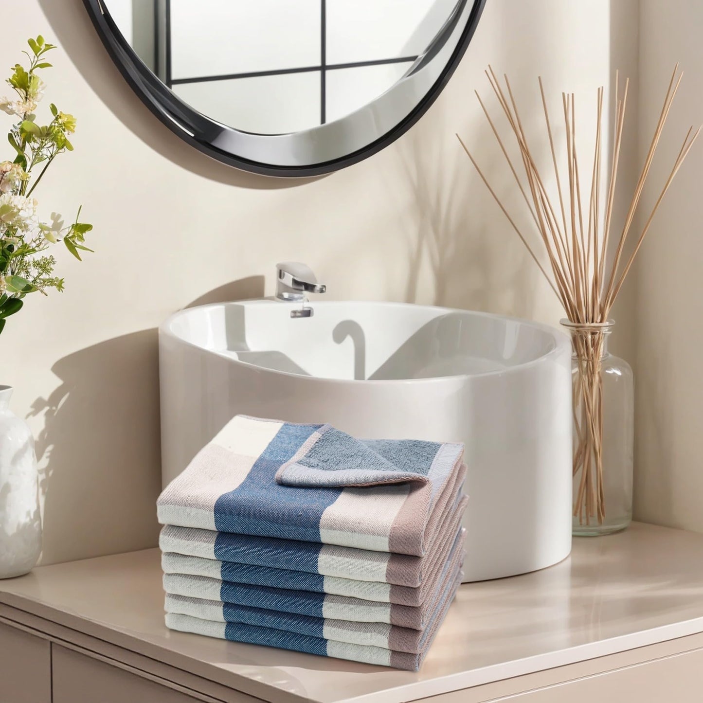 kimteny 6 Pack 100% Cotton Washcloths, Dual-Sided Design (Terry + Gauze) Facecloths, 13x13 Inch Ginghqm Washrags, Soft & Skin-Friendly, for Bathroom, Kitchen & Household (Blue, 13x13 Inches)