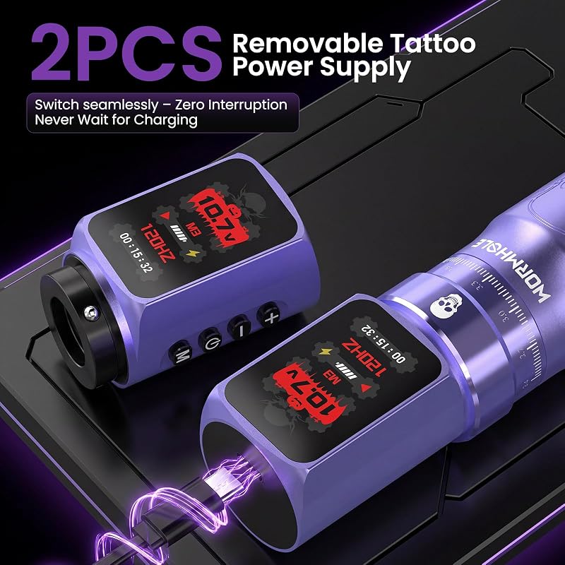 Wormhole Wireless Tattoo Gun Kit with Skull Pattern - Lining & Shading, Two Purple (WTK0295) - 7 Stroke Adjustable