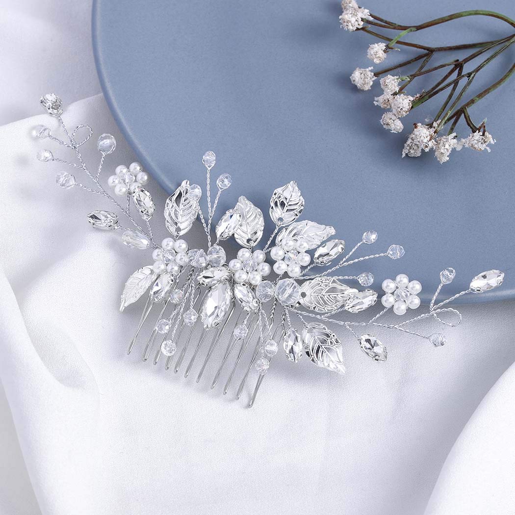 Gorais Leaf Bride Wedding Hair Comb Pearl Bridal Hair Piece Crystal Side Comb Hair Accessories for Women and Girls