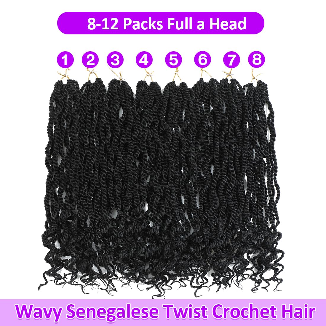 Fayasu Senegalese Twist Crochet Hair 8 Packs Black Pre Looped Short Crochet Braids Pre Twisted Small Twist with Curly Ends Synthetic Braiding Hair for Women（12Inch Pack of 8),1B)