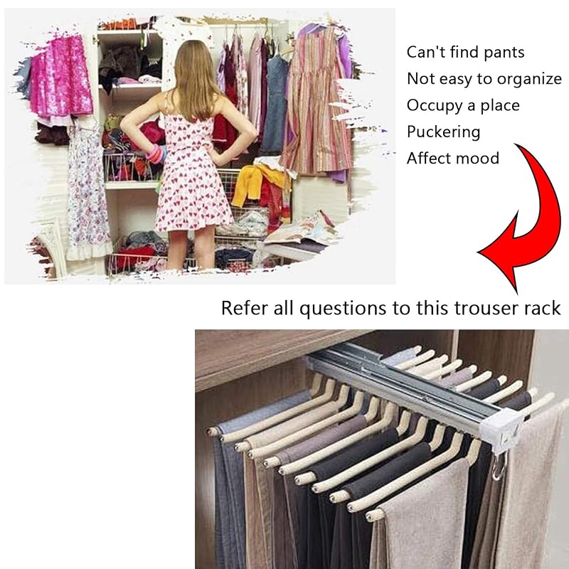 Beige 22-Pair Pull-Out Pants Rack, 33lb Capacity, Steel Clothes Organizer