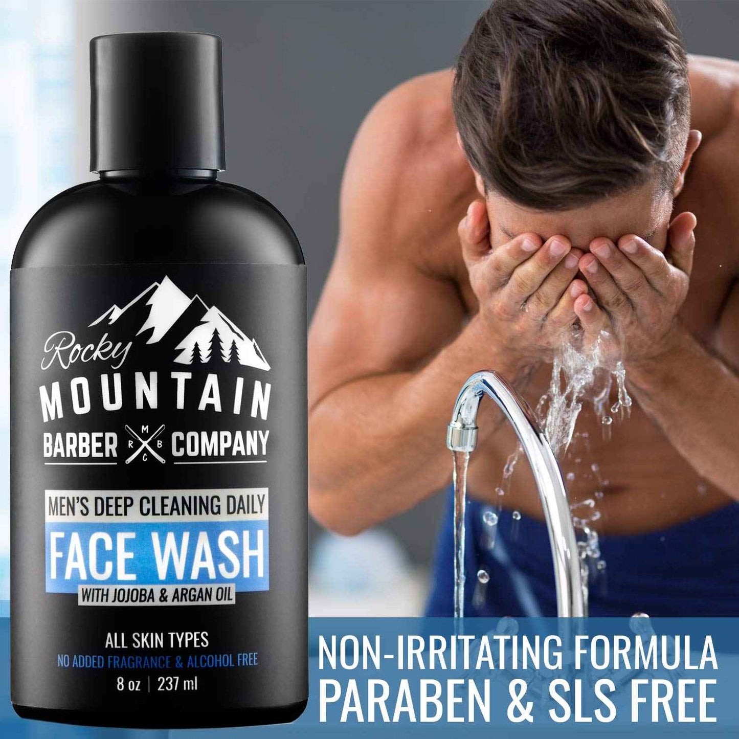 Rocky Mountain Barber Company Men's Daily Face Wash - With Jojoba Oil, Argan Oil, Chamomile Floral Water and Aloe Vera – Unscented - 8 oz