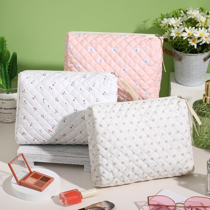 6 Pcs Quilted Makeup Bags Set - Cotton Floral Cosmetic Organizers for Travel