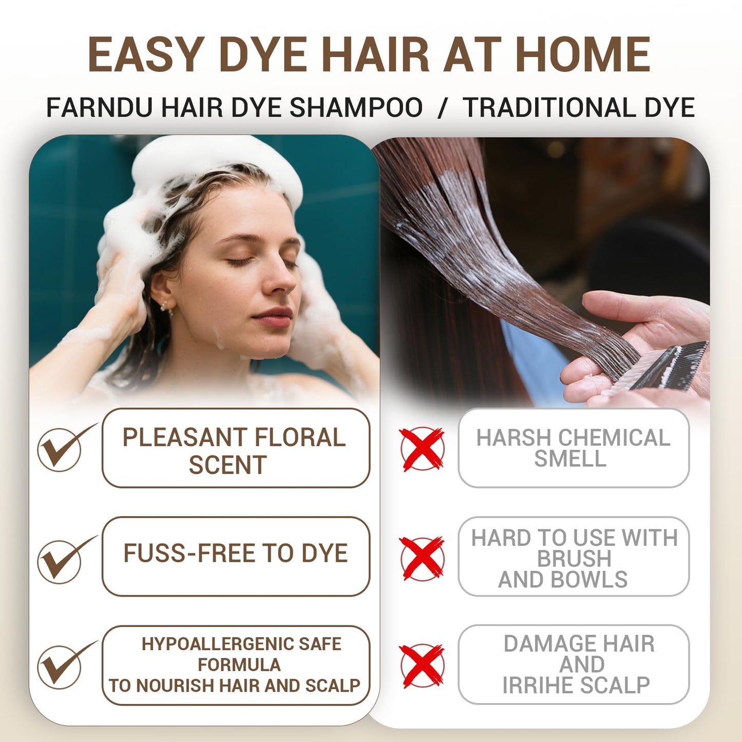 Farndu Dark Brown Hair Dye Shampoo 3 in 1 for Women Men Hair Color Shampoo Dye for Grey Hair Coverage Seimi Permanent Instant Champu Para Canas Mujer