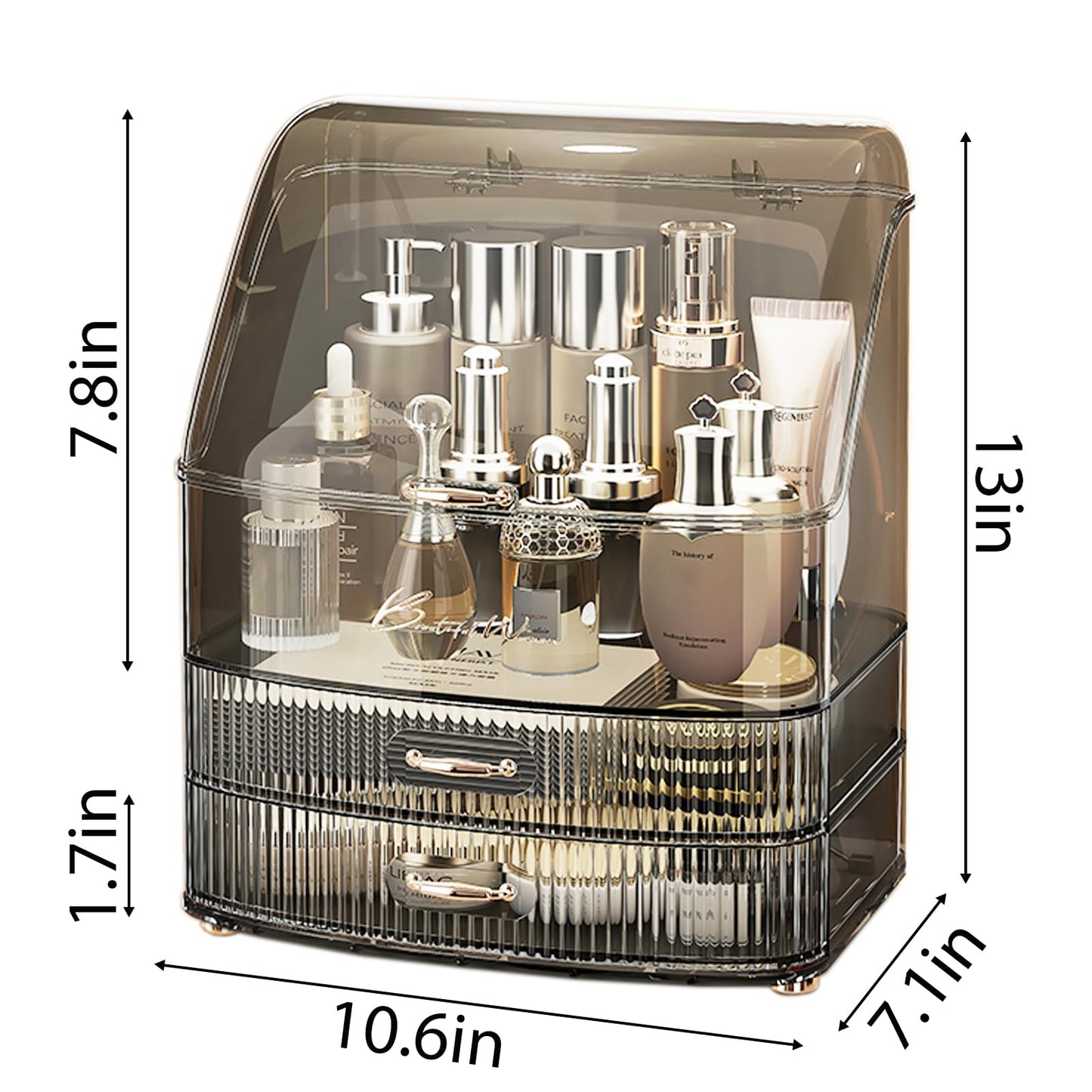 Plukers Makeup Organizer Countertop Vanity with Transparent Lid Drawers Waterproof Dustproof Cosmetic Skincare Bathroom Storage Gift for Women Teens Girls (Clear Black)