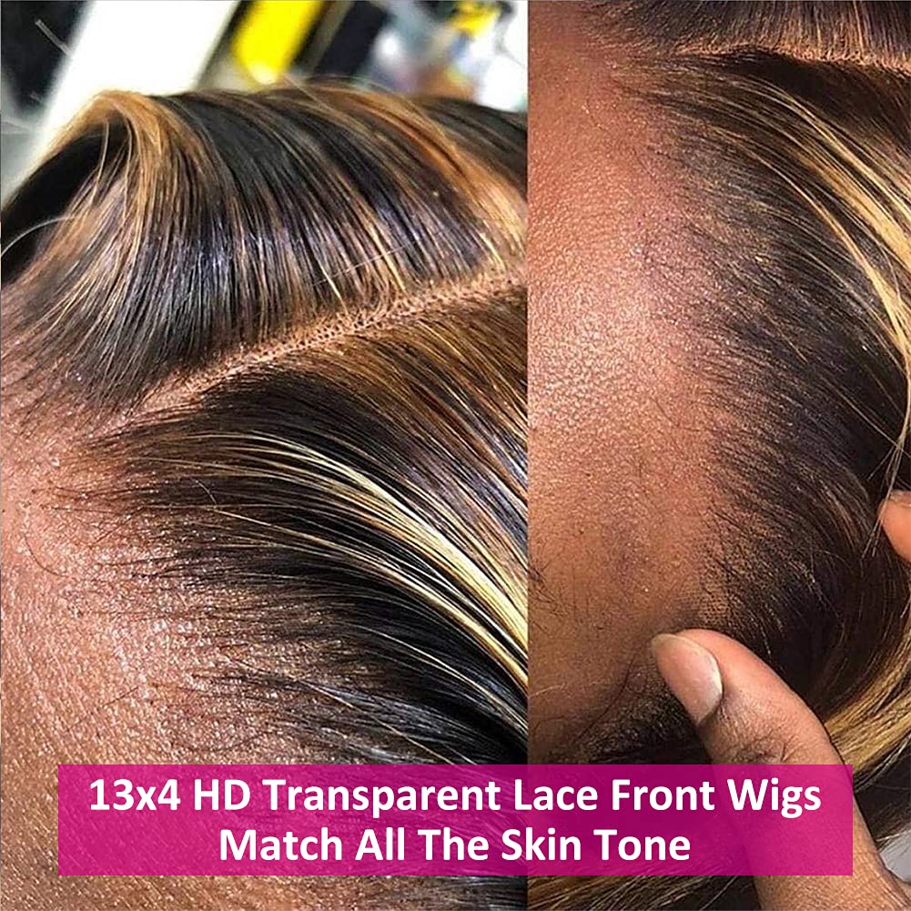 Pizazz 4/27 Highlight Lace Front Wigs Human Hair Pre Plucked Bleached Knots 12A 180 Density 13x4 HD Ombre Honey Blonde Deep Wave Human Hair Wigs with Baby Hair(26 Inch, Brown mix gloden color)