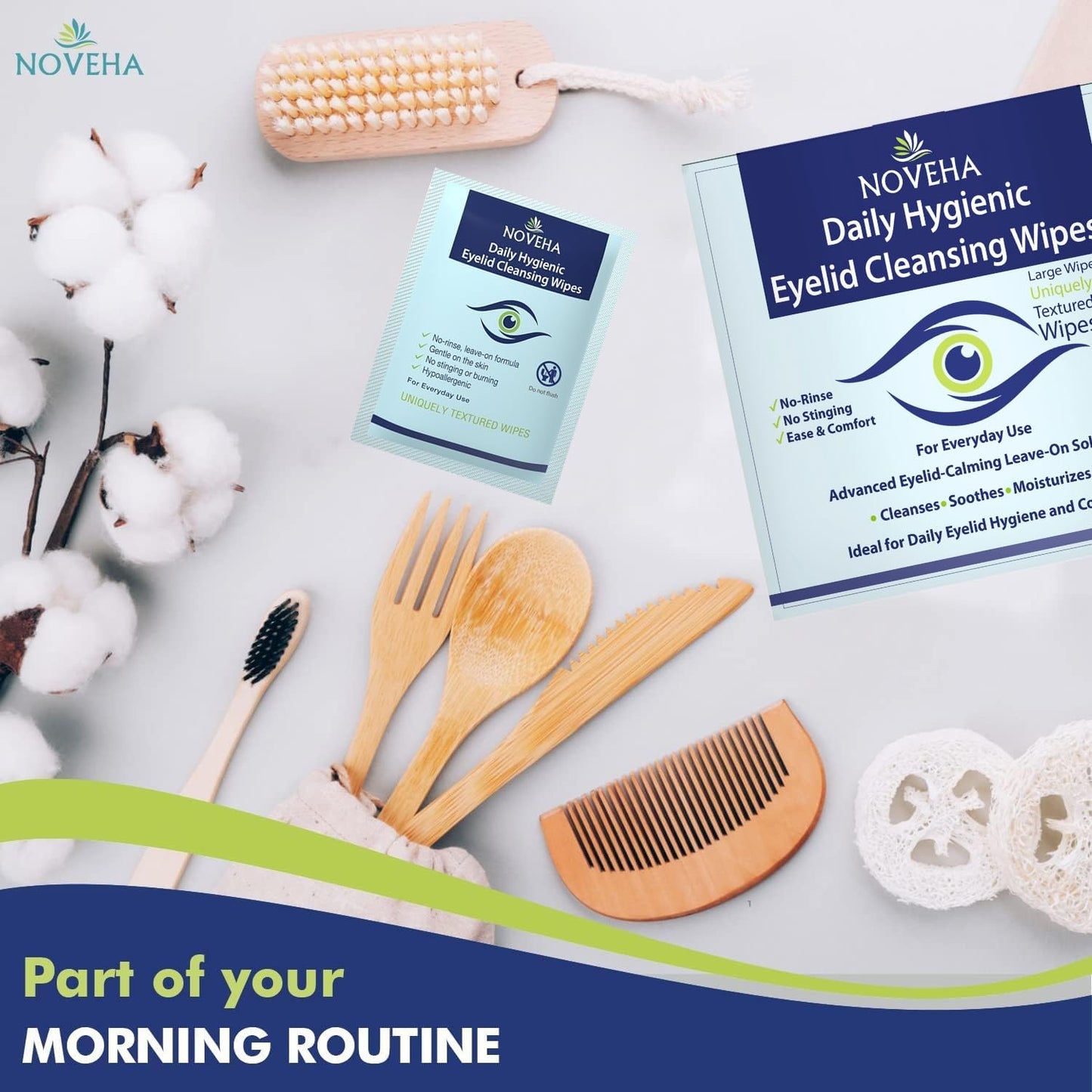 NOVEHA 120Pcs Daily Hygienic Eyelid & Lash Wipes | 120 Individually Wrapped Cleansing Eyelash Wipes - For Blepharitis & Itchy Eyes, Demodex and Natural Makeup Remover & Daily Cleanser (2 Pack)