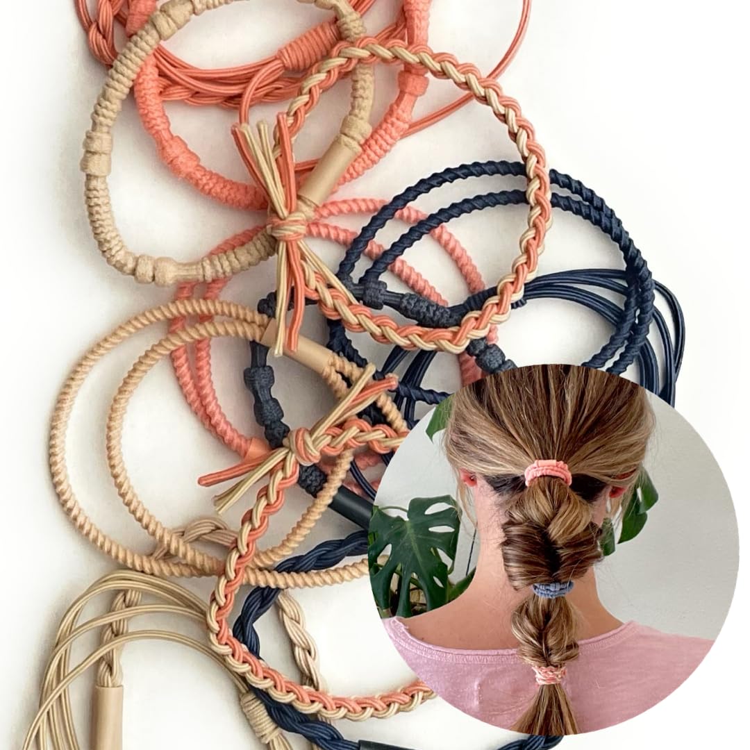 Coiffed + Co. Stacked Bracelet Hair Ties (Color: Linen, Peach, Navy) 14 Count, Hair Ties for Women, No Damage Hair Elastics, Hair Bands, Ponytail Holders, Ties for Thick and Thin Hair, Holiday Gift