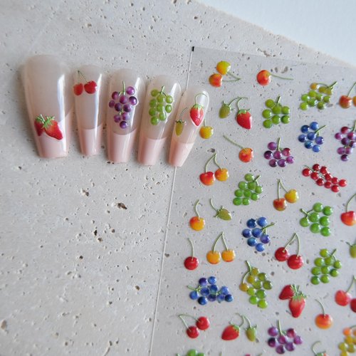 CESTSIREN Cute Fruit Nail Art Stickers, Embossed Cherry Grape Nail Decals, Nail Art Design, Self-Adhesive, Nail Accessories for Women, Nail Art Supplies