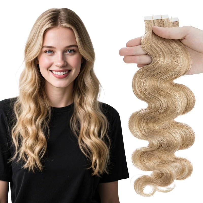 Human Hair Tape-In Extensions 14 Inch Ash Blonde & Bleach Blonde 20pcs 40g - Remy wavy