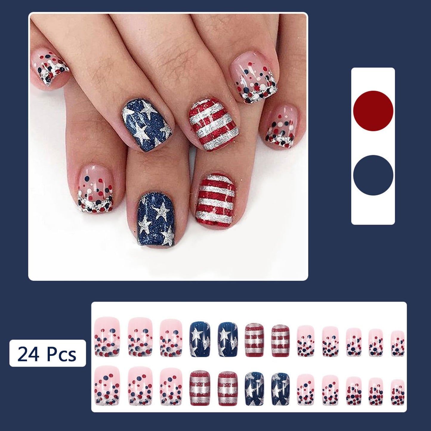 Independence Day Press on Nails Medium Square Fake Nails with Silver Glitter Star Stripe Designs Patriotic False Nails 4th of July Acrylic Nails Red Blue Polka Dots Stick on Nails for Women