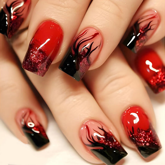 24Pcs Flame Press on Nails Short Square Shape Red Fake Nails with Glitter Design Glue on Nails Black Flame Acrylic Nails Press on Gradient French False Nails Full Cover Stick on Nails for Women