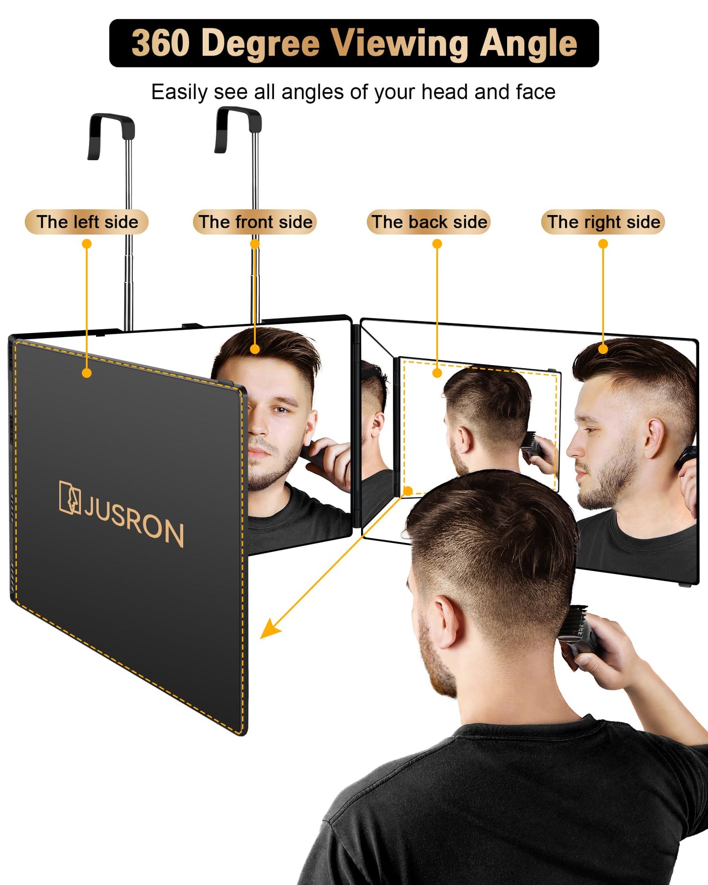 JUSRON 360 Viewing Angle Self Hair Cutting Mirror, Clear Anti-Fog HD Glass (Black Without LED Without Accessories)