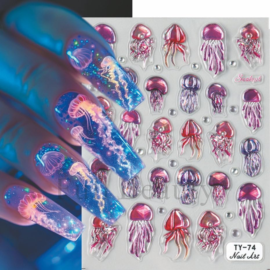 Summer Jellyfish Nail Art Stickers 5D Embossed Jellyfish Nail Decals 1PCS Purple Marine Life Ocean Theme Summer Nails Design Adhesive Sticker Manicure Supply for Women DIY Nail Art Decorations