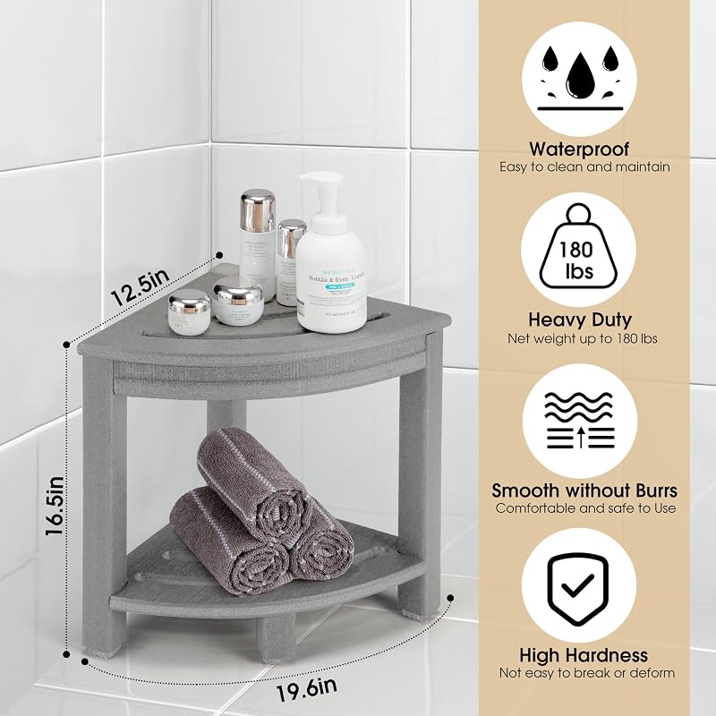 Corner Shower Stool with Storage Shelf, HDPE Shower Bench Grey
