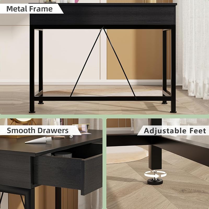 CAIYUN Small Computer Desk with Drawers - 39.4 Inch Desk with Storage, Black Wood & Metal
